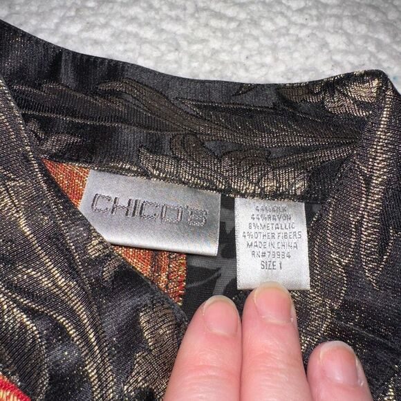 Chicos Medium (1) Silk Blend Black Red Gold Mandarin Style Patchwork Jacket EUC - Picture 7 of 13